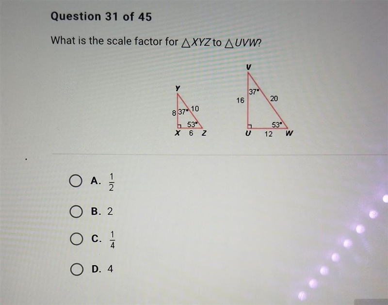 What is the scale factor for Triangle XYZ to Triangle UVW? A. 1/2 B. 2 C. 1/4 D. 4-example-1