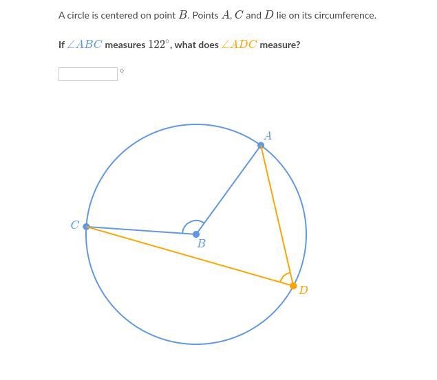 If angle ABC measures 122, what does angle ADC measure?-example-1