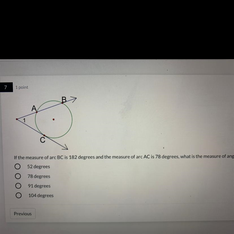 If arc BC is 182° in the measure of arc AC is 78°, what is the measure of angle 1?-example-1