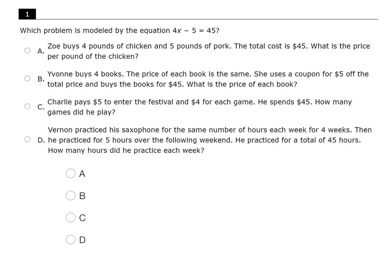 Which problem is molded by the equation 4x-5=45?-example-1