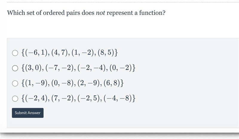 Which set of ordered pairs does not represent a function?-example-1