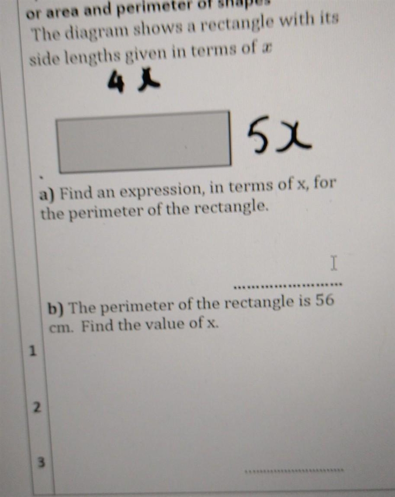 The diagram shows a rectangle with its side. a) Find an expression, in terms of x-example-1