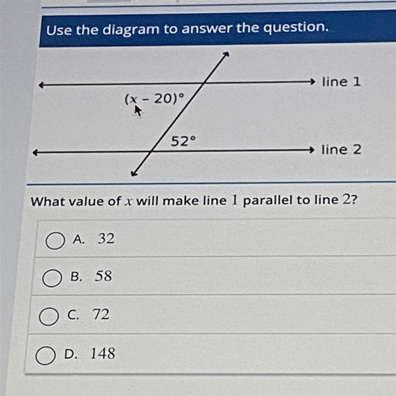 Please help with the picture below What value of X will make line 1 parallel to line-example-1