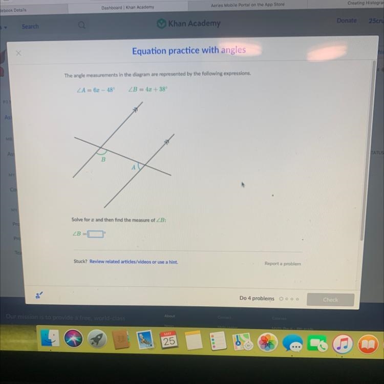 B A Solve for x and then find the measure of ZB: LB-example-1