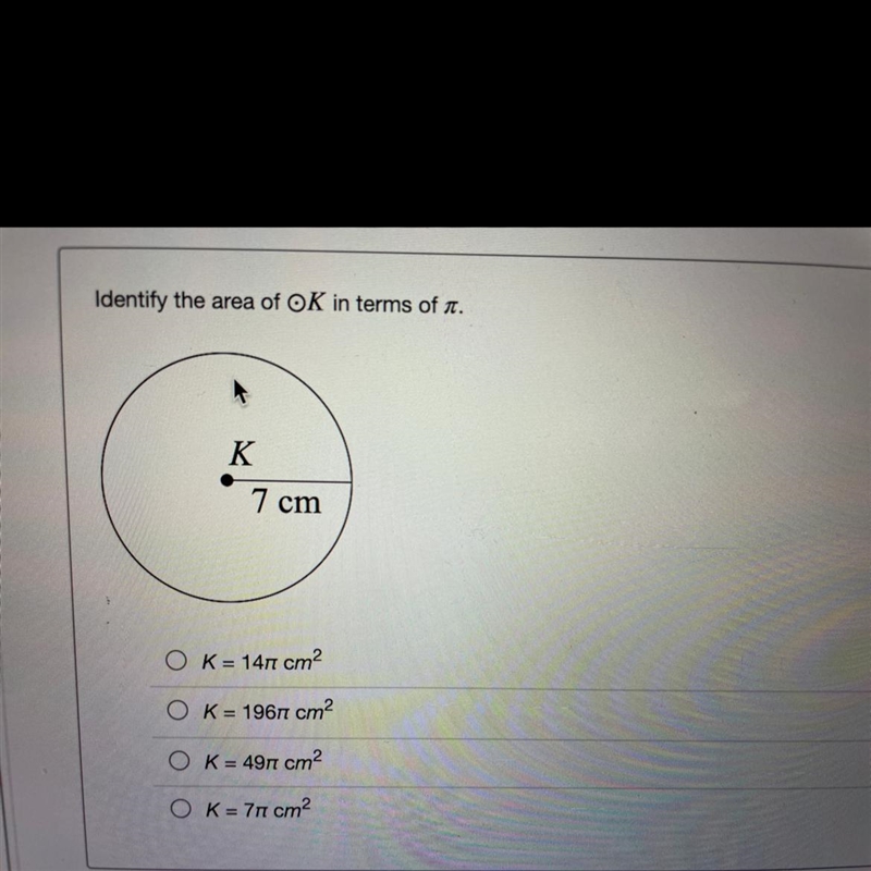 Identify the area of OK in terms of pi radius is 7 cm-example-1