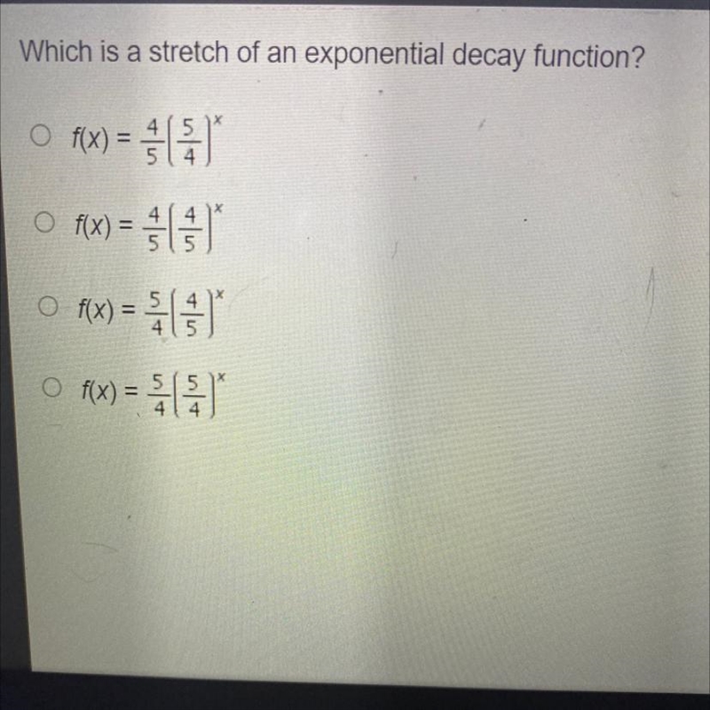 Which is a stretch of an exponential decay function?-example-1