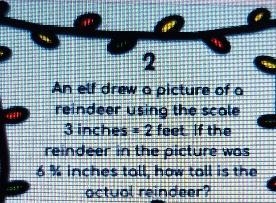 An elf drew a picture of a reindeer using the scale 3 inches = 2 feet. If the reindeer-example-1