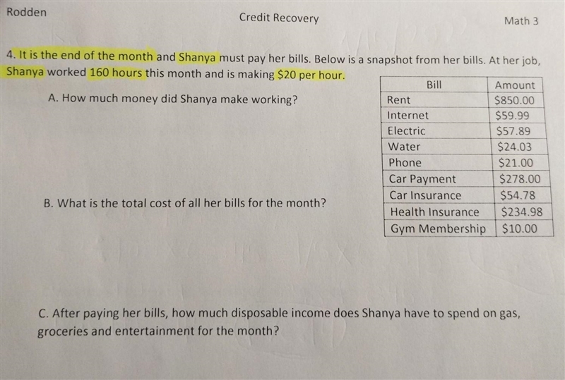 It is the end of the month and Shanya must payher bills. Below is a snapshot from-example-1