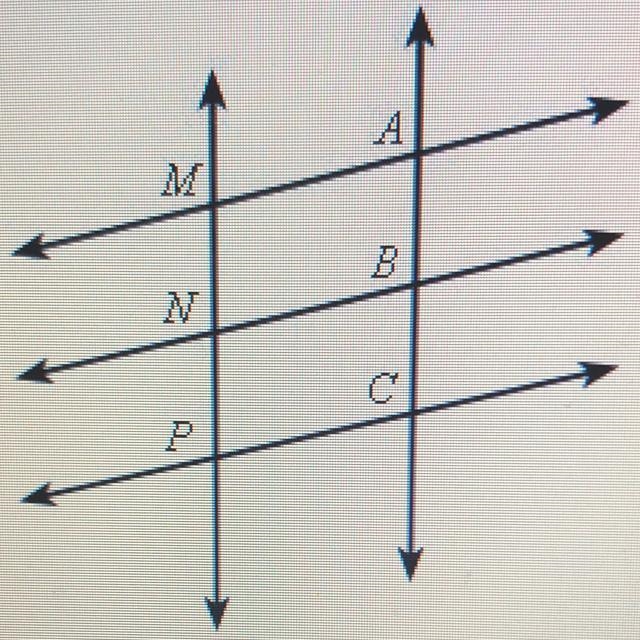 NEED ANSWER ASAP PLEASE. Which line is AC NOT a transversal to? Α) ΜΑ B) NB C) MN-example-1