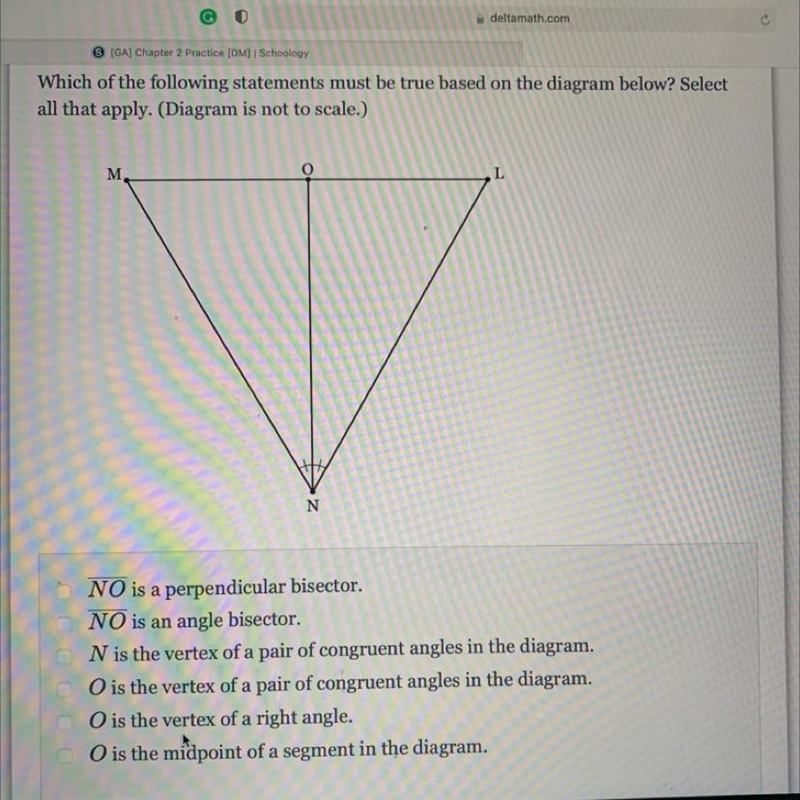 10th grade geometry Select statements that are true about angles on diagram-example-1