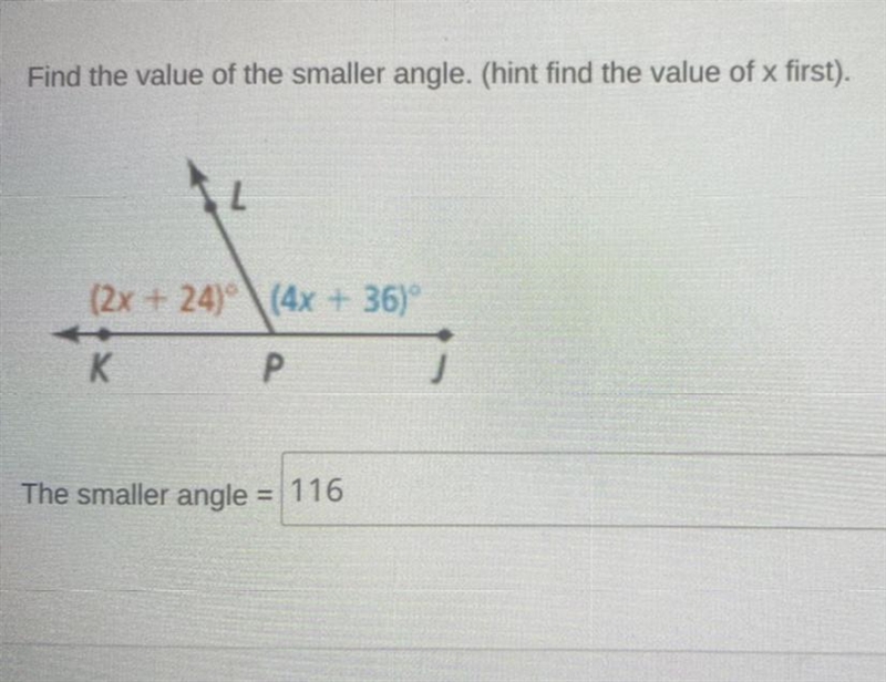 Find the value of the smaller angle. (Hint find the value of x first)-example-1