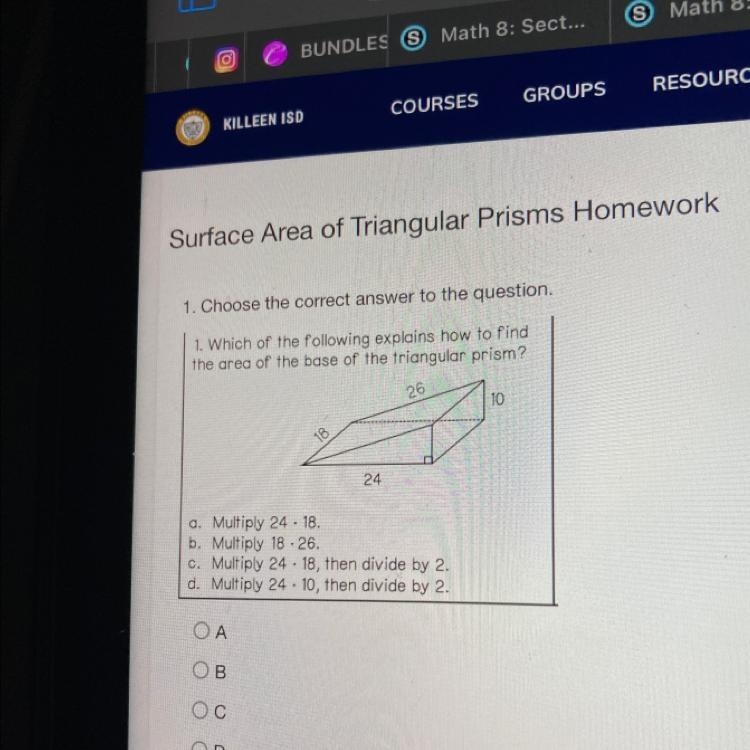 1. Which of the following explains how to find the area of the base of the triangular-example-1