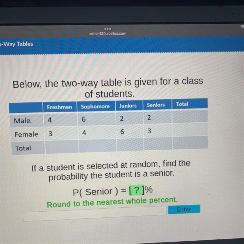 Below, the two-way table is given for a class of students. Freshmen Sophomore Juniors-example-1