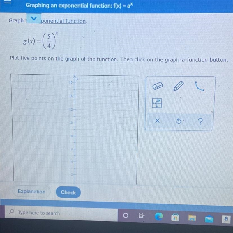 Graph the exponential function g(x) = (5/4) ^ x Plot five points on the graph of the-example-1