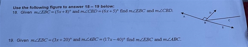 Given m\_EBC = (3x + 20)° and m \_ABC = (17x-40)° find m\_ EBC and m LABC.-example-1