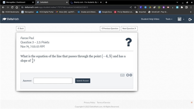 What is the equation of the line that passes through the point (-4,5) and has a slope-example-1