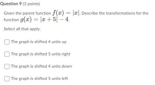 Given the parent function f(x) = |x|. Describe the transformations for the function-example-1