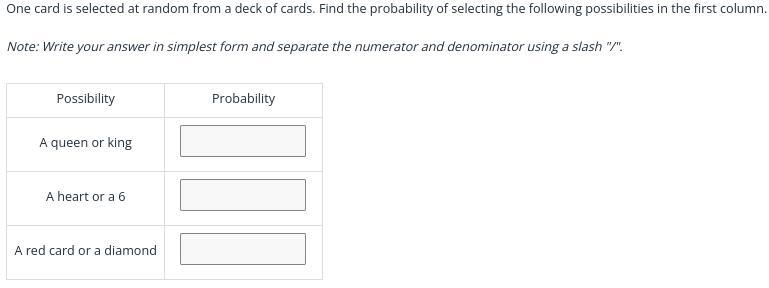 One card is selected at random from a deck of cards. Find the probability of selecting-example-1