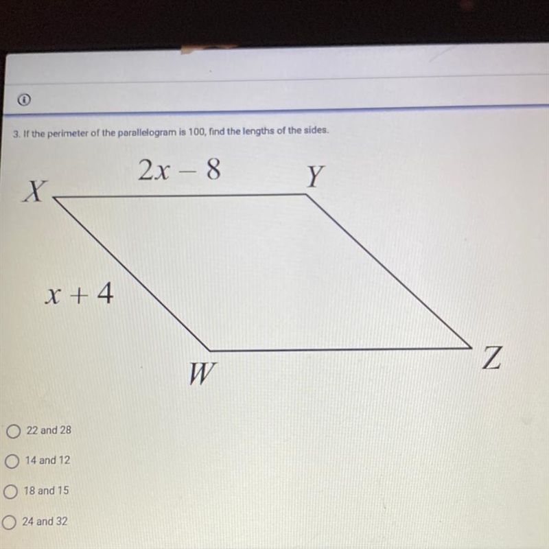 If the perimeter of the parallelogram is 100, find the lengths of the sides-example-1