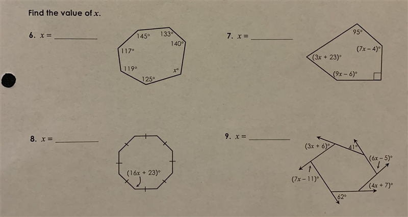 Find the Value of x. Someone Help me please for Questions 6 through 9. Ill give Points-example-1