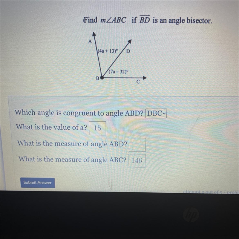 Find m ∠ A B C if B D is an angle bisector.-example-1