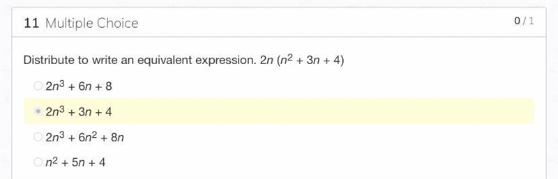 Distribute to write an equivalent expression. 2n * (n ^ 2 + 3n + 4)-example-1