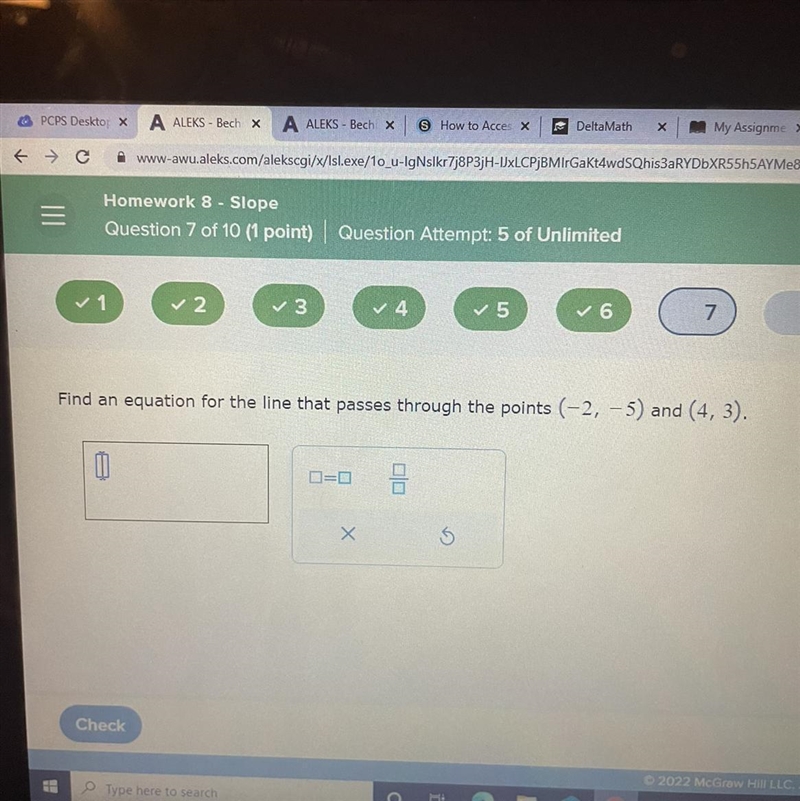 Find an equation for the line that passes through the points (-2, -5) and (4, 3).-example-1