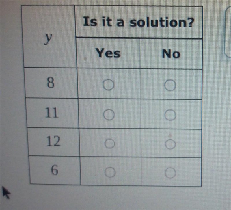 For each value of y, determine whether it is a solution to 2y> 18. ​-example-1