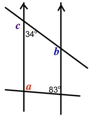 Find the values of the unknown angles marked with letters. a= b= c=-example-1