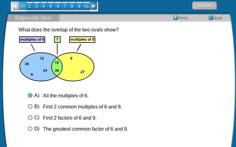 What does the overlap of the two ovals show? A. All the multiples of 6. B. First 2 common-example-1