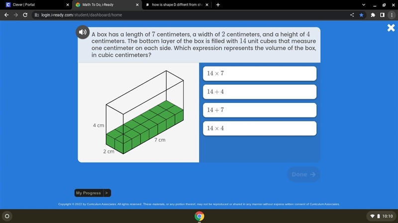 a box has a lenth of 7 centimeters a width of 2 centimeters and a height of 4 centimeters-example-1