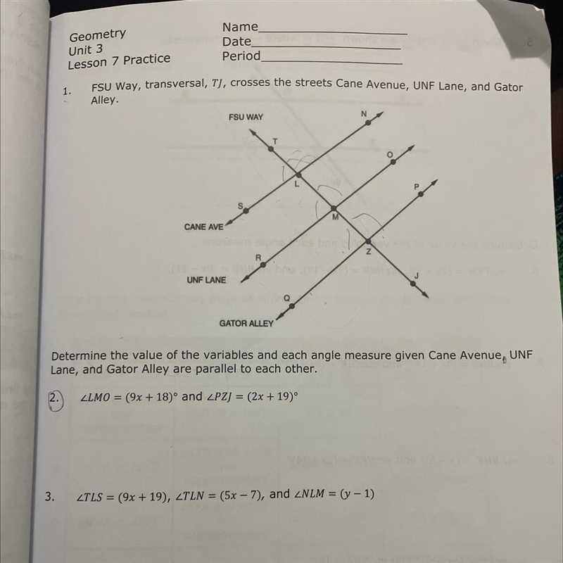 3. angle LMO = (9x + 18)° and angle PZJ = (2x + 19)°-example-1