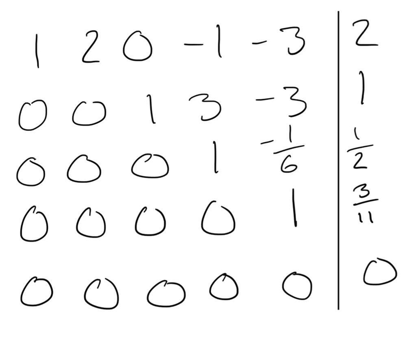 if I had matrix [1 2 0 -1 -3 2 ; 0 0 1 3 -3 1; 0 0 0 1 -1/6 1/2; 0 0 0 0 1 3/11; 0 0 0 0 0 0]. i-example-1