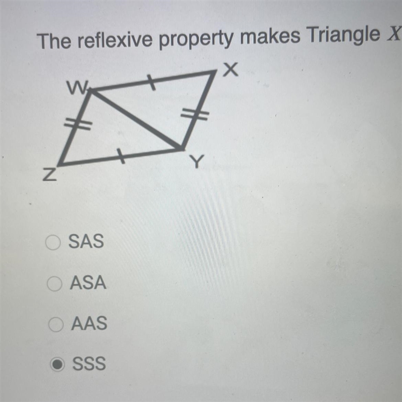 The reflexive property makes triangle XYW congruent or equal to ZWY by a SAS b ASA-example-1