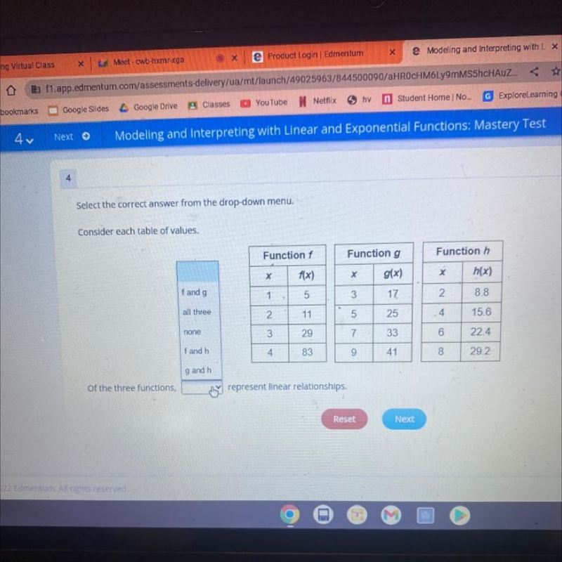 Select the correct answer from the drop-down menu. Consider each table of values. Function-example-1