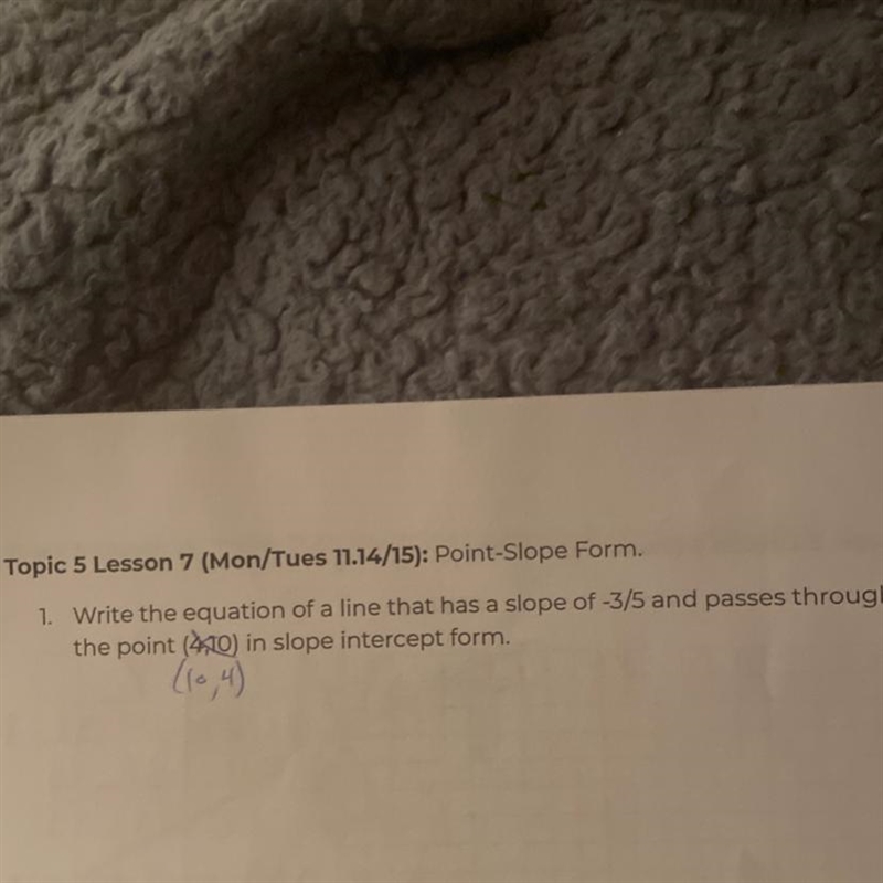 Write the equation of a line that has a slope of -3/5 and passes through the point-example-1