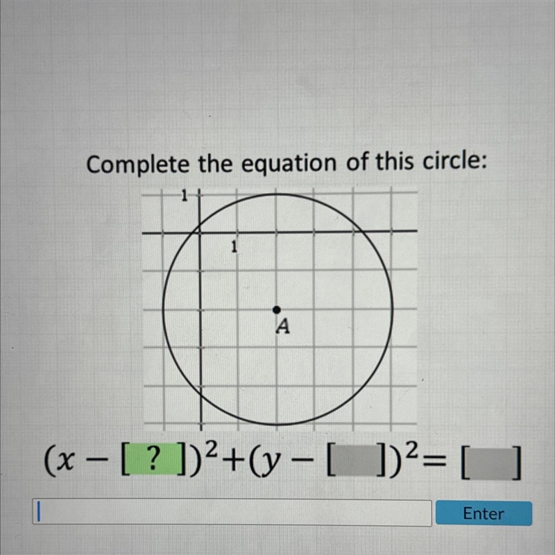 Complete the equation of this circle: (x - [?])²+(y - [ ])² = [ ]-example-1