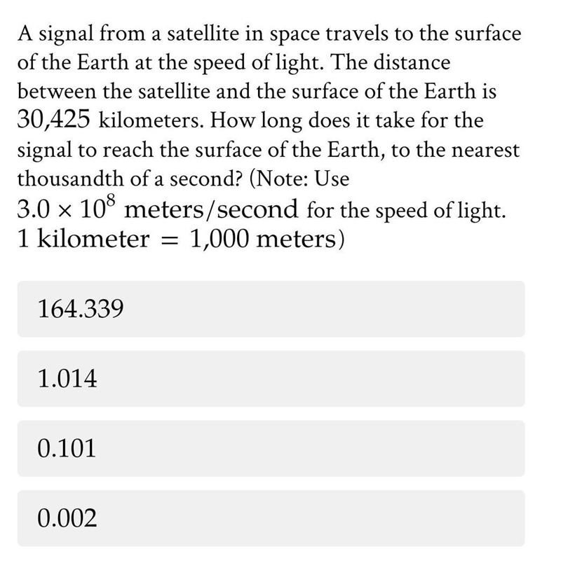 A signal from a satellite in space travels to the surface of the Earth at the speed-example-1