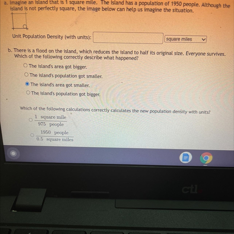 imagine an island that is 1 square mile. the island has a population of 1950 people-example-1