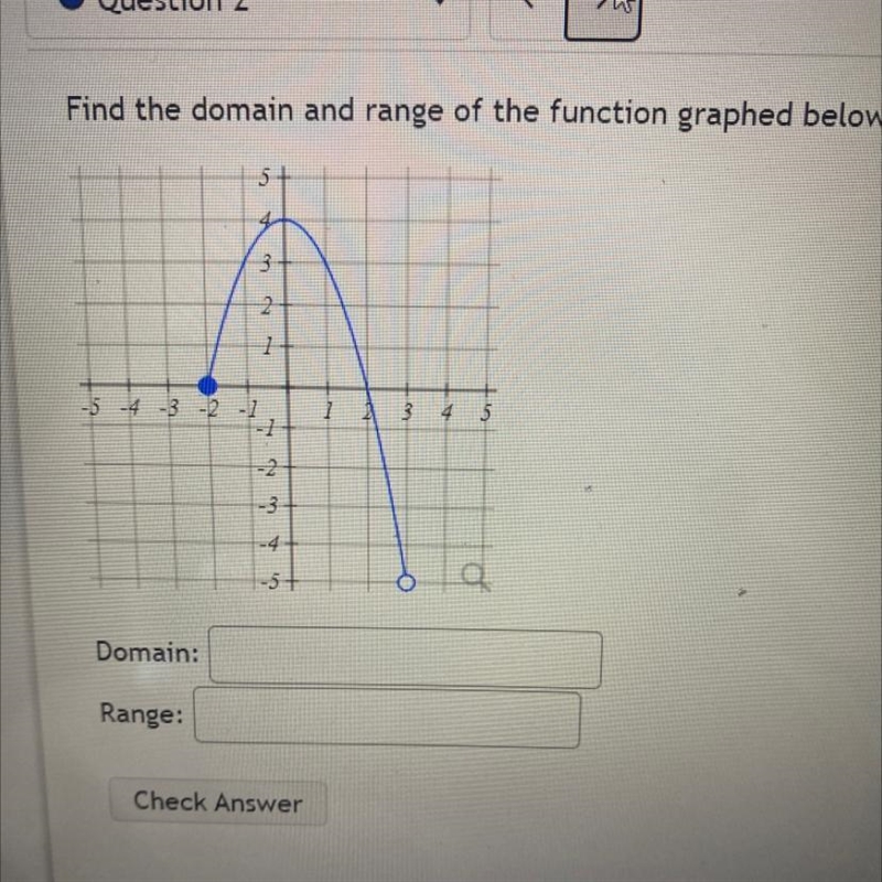 Find the domain and range of the function graphed below. Domain: Range:-example-1