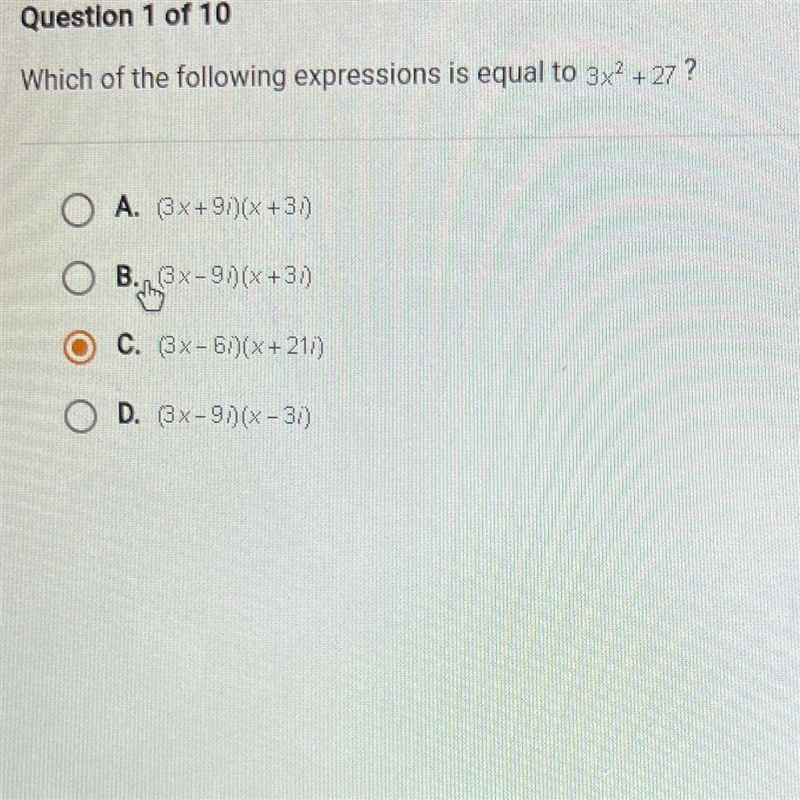 Which of the following expressions is equal to 3x² +27?-example-1