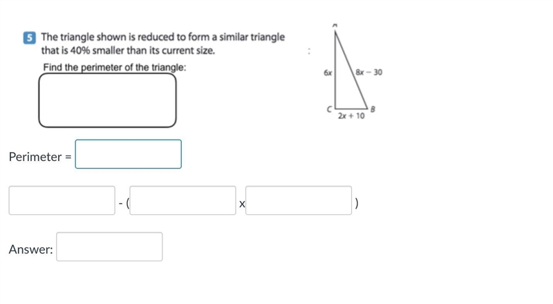 The triangle shown is reduced to form a similar triangle that is 40% smaller than-example-1