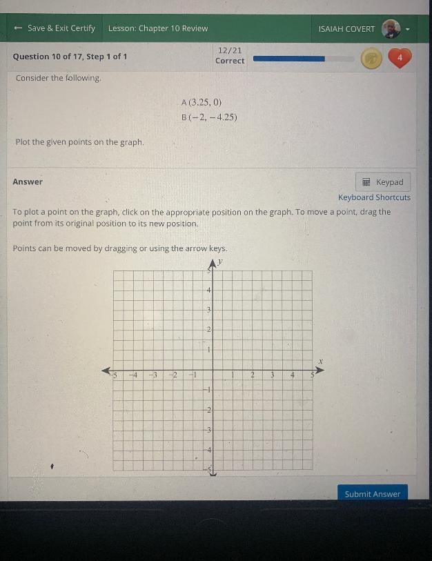 Question 10 of 17, Step 1 of 14CorrectConsider the following:A (3.25, 0)B(-2, -4.25)Plot-example-1