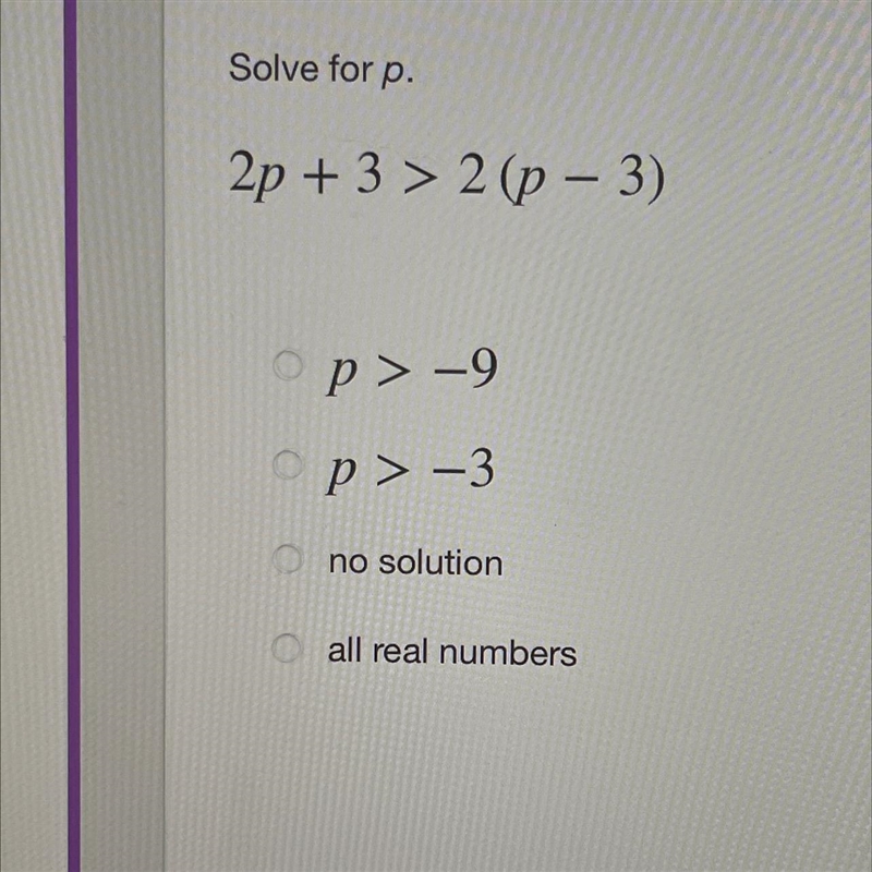 What’s the answer for this… Solve for p 2p + 3 > 2 (p – 3)-example-1