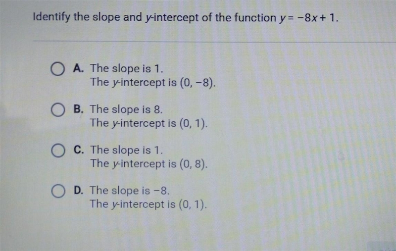 Identify the slope and y-intercept of the function y = -8x + 1. OA. The slope is 1. The-example-1