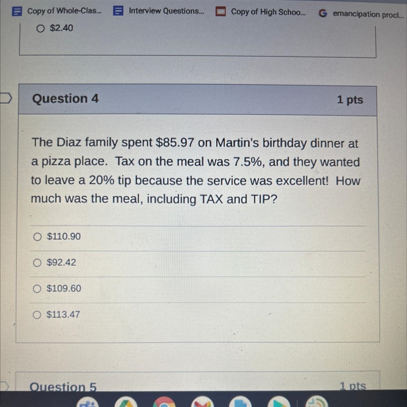 The Diaz family spent $85.97 on Martin's birthday dinner at a pizza place. Tax on-example-1