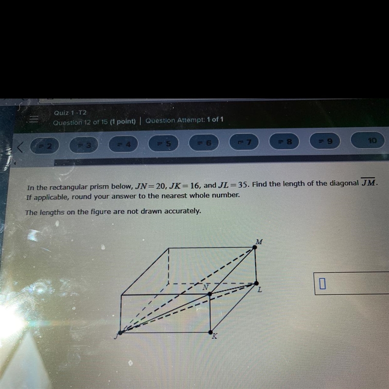 In a rectangular prism below,JN=20, JK=16, and JL=35. Find the length of the diagonal-example-1