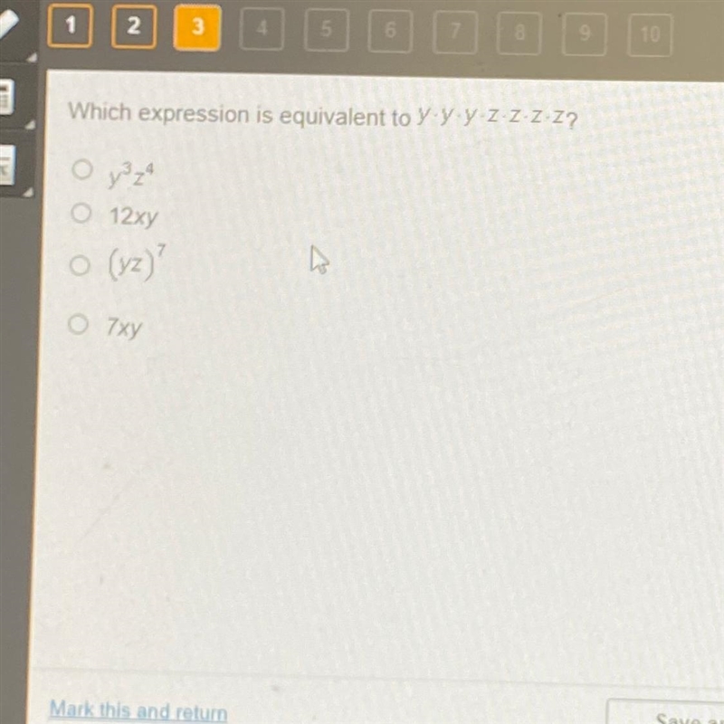 Which expression is equivalent to yy y ZZ ZZ? O y z 12xy (yz)? 7xy-example-1