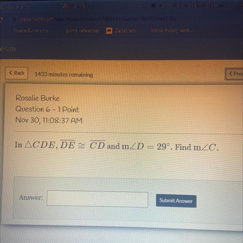 HELPPPP IM FAILING In ^CDE, DE= CD and m/D = 29°. Find m/C.-example-1