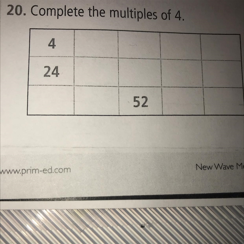 20. Complete the multiples of 4. 4 24 52-example-1